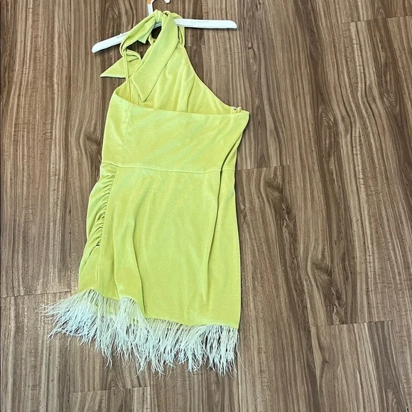 Green Halter Dress with Feather Hem - KATRIN MINI DRESS IN PEAR